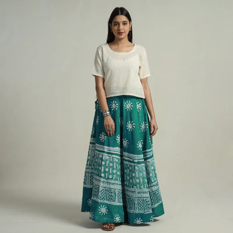 Women's Travel Attire Green - Hand Batik Printed Running Stitch Cotton Long Skirt 66