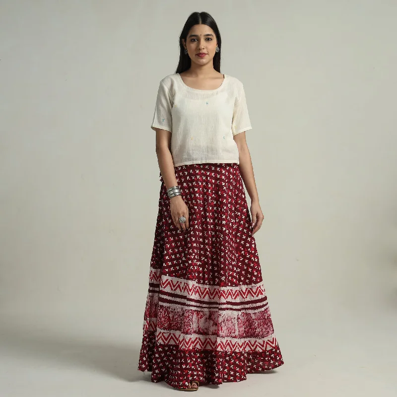 Urban Femme Streetwear Maroon - Hand Batik Printed Running Stitch Cotton Long Skirt 90