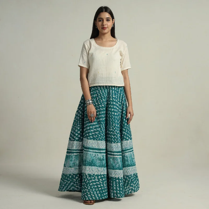 Chic Women's Attire Green - Hand Batik Printed Running Stitch Cotton Long Skirt 60