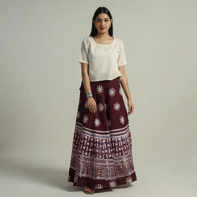 Women's Evening Garments Maroon - Hand Batik Printed Running Stitch Cotton Long Skirt 62