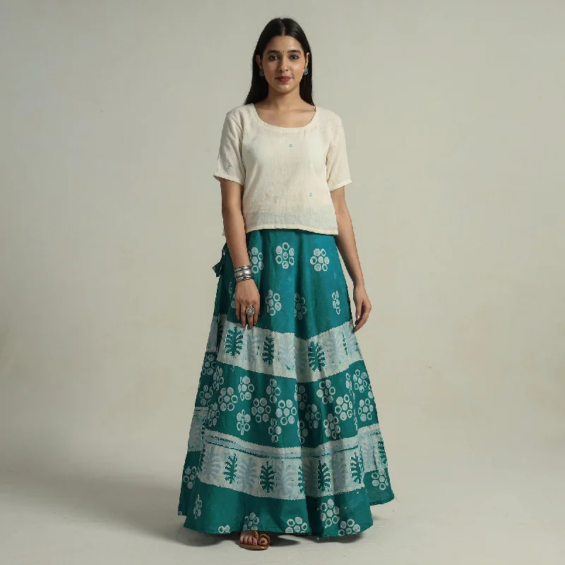 Women's Chic Outerwear Attire Green - Hand Batik Printed Running Stitch Cotton Long Skirt 57