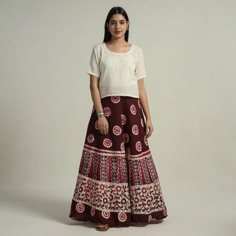 Modern Women's Attire Maroon - Hand Batik Printed Running Stitch Cotton Long Skirt 55