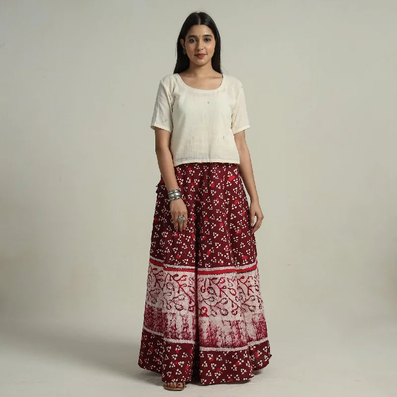 Fashion Women's Clothing Maroon - Hand Batik Printed Running Stitch Cotton Long Skirt 51