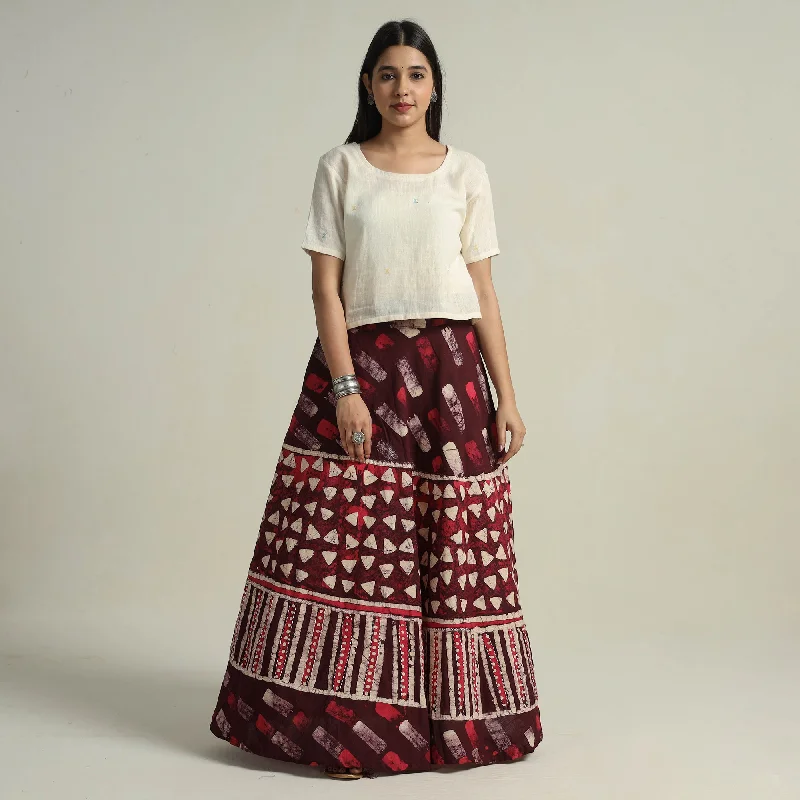 Season Sale Maroon - Hand Batik Printed Running Stitch Cotton Long Skirt 26