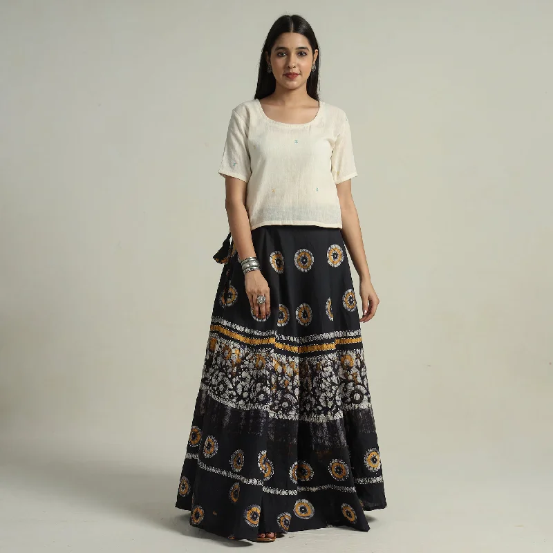 Women's Casual Apparel For Weekends Black - Hand Batik Printed Running Stitch Cotton Long Skirt 31