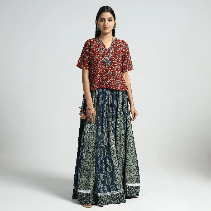 Exclusive Discount Blue - Ajrakh Block Printed 24 Kali Patchwork Cotton Long Skirt