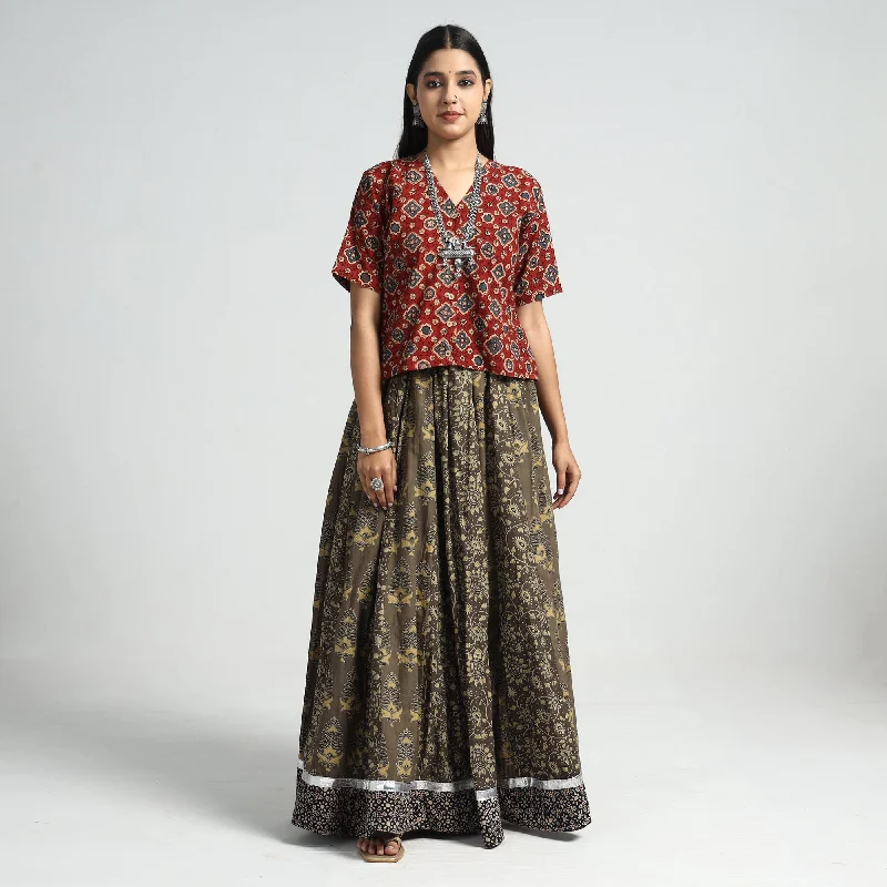 Seasonal Sale Brown - Ajrakh Block Printed 24 Kali Patchwork Cotton Long Skirt