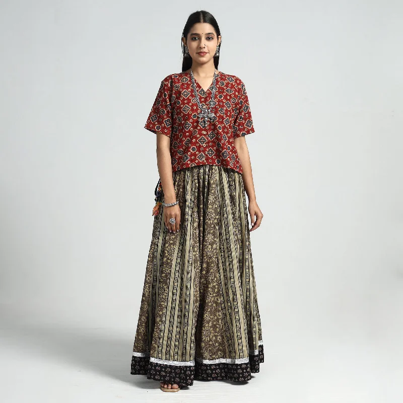 Sophisticated Style Brown - Ajrakh Block Printed 24 Kali Patchwork Cotton Long Skirt