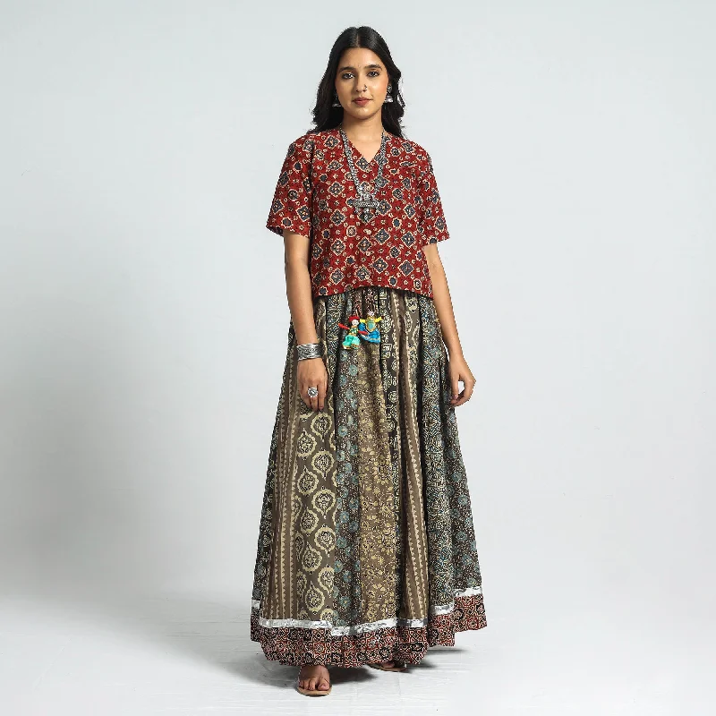 Women's Clothing Stores Brown - Ajrakh Block Printed 24 Kali Patchwork Cotton Long Skirt