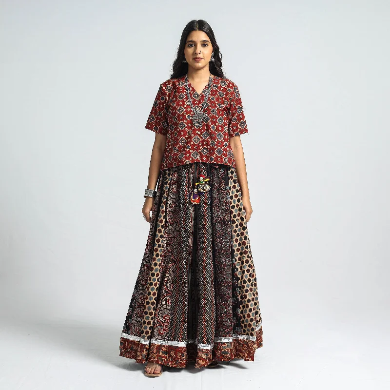 Outfits For Women Multicolor - Ajrakh Block Printed 24 Kali Patchwork Cotton Long Skirt