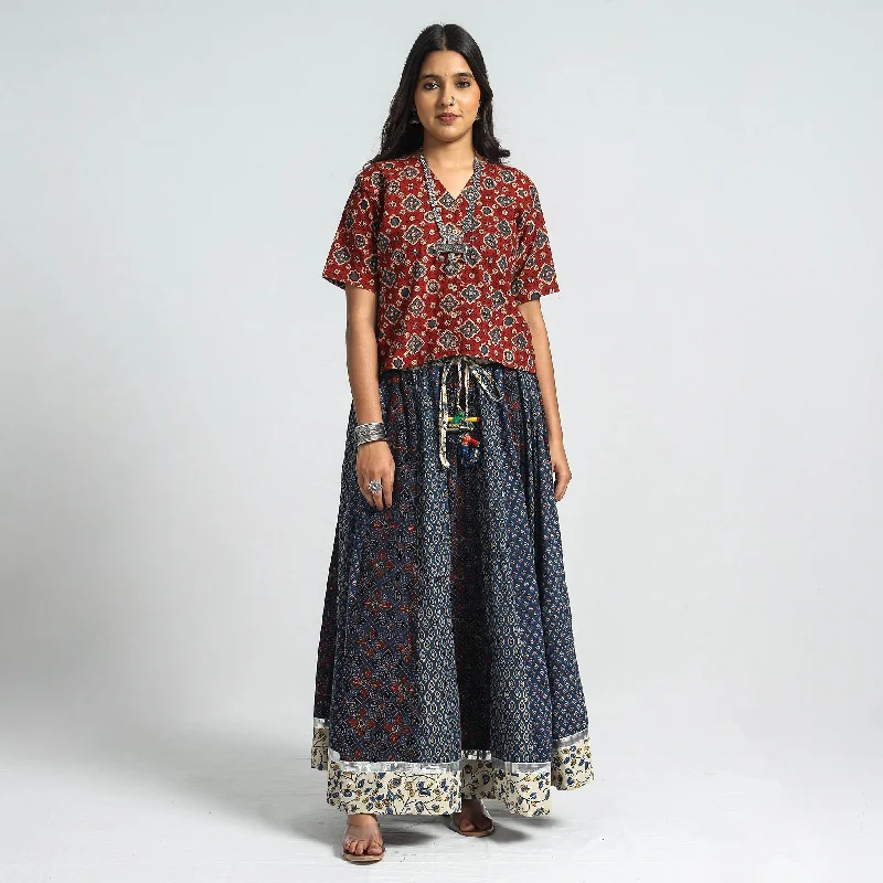 Clothes Woman Blue - Ajrakh Block Printed 24 Kali Patchwork Cotton Long Skirt