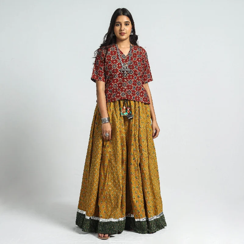 Affordable Online Boutiques Yellow - Ajrakh Block Printed 24 Kali Patchwork Cotton Long Skirt