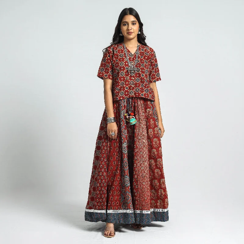 Online Boutiques Affordable Red - Ajrakh Block Printed 24 Kali Patchwork Cotton Long Skirt