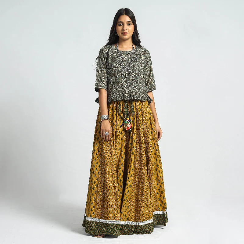 Women's Clothing Boutique Yellow - Ajrakh Block Printed 24 Kali Patchwork Cotton Long Skirt