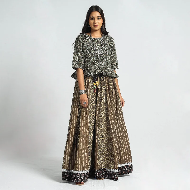 VIP Member Discount Brown - Ajrakh Block Printed 24 Kali Patchwork Cotton Long Skirt