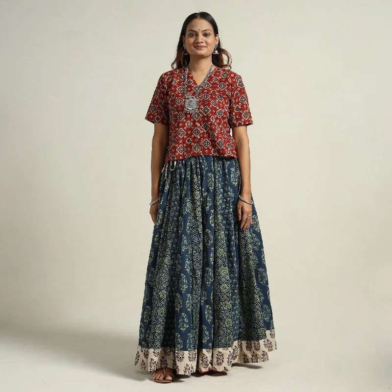 Athleisure Wear Blue - Ajrakh Block Printed 24 Kali Patchwork Cotton Long Skirt 01