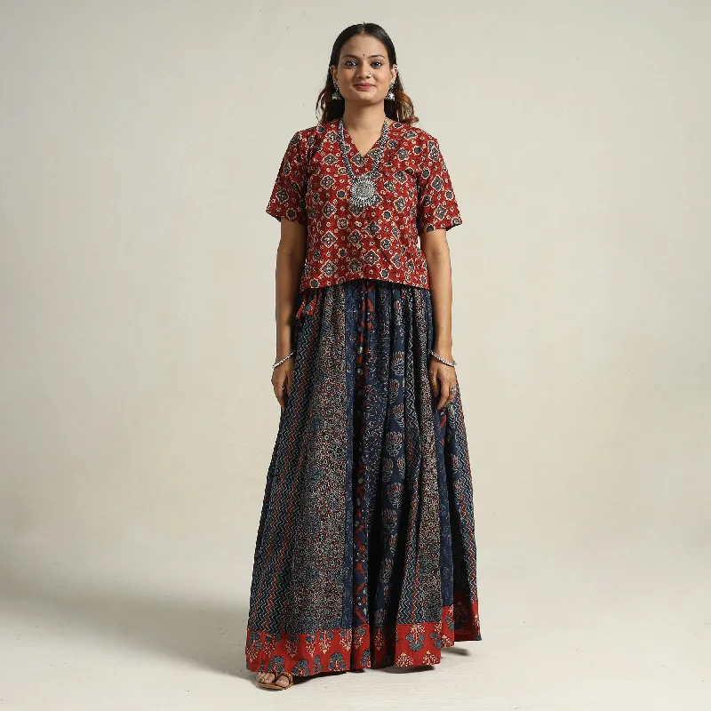 Sophisticated Outfits Blue - Ajrakh Block Printed 24 Kali Patchwork Cotton Long Skirt 10