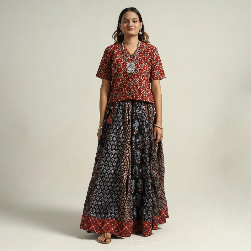 Casual Chic Black - Ajrakh Block Printed 24 Kali Patchwork Cotton Long Skirt 11