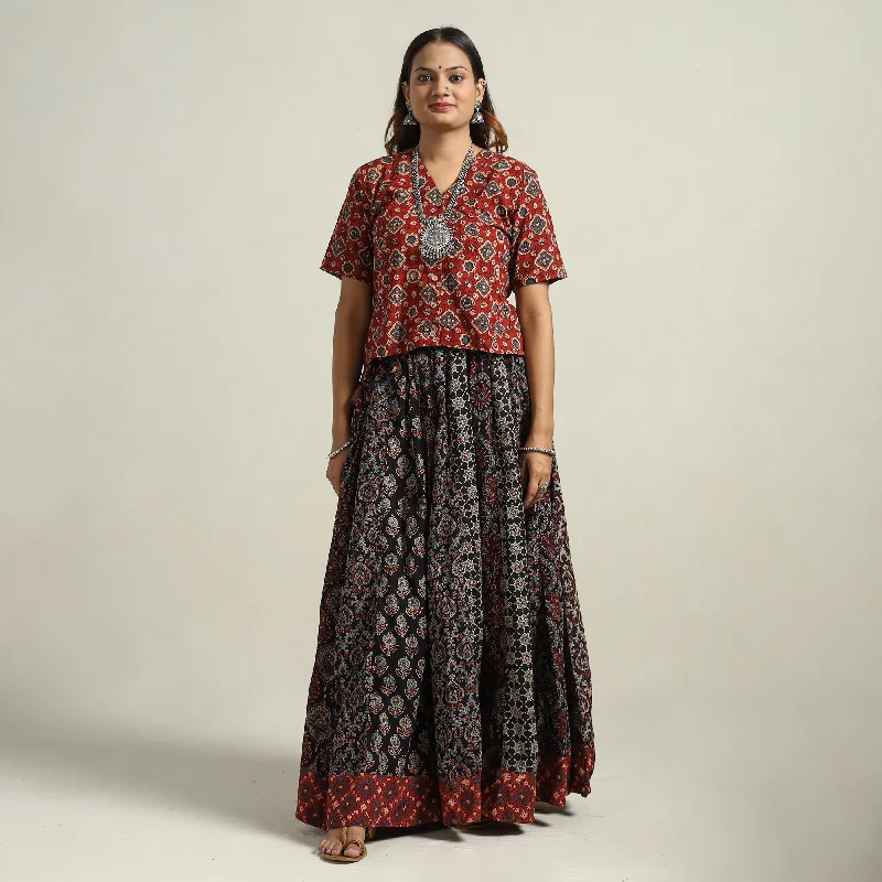 Trendy Women's Wear Black - Ajrakh Block Printed 24 Kali Patchwork Cotton Long Skirt 13