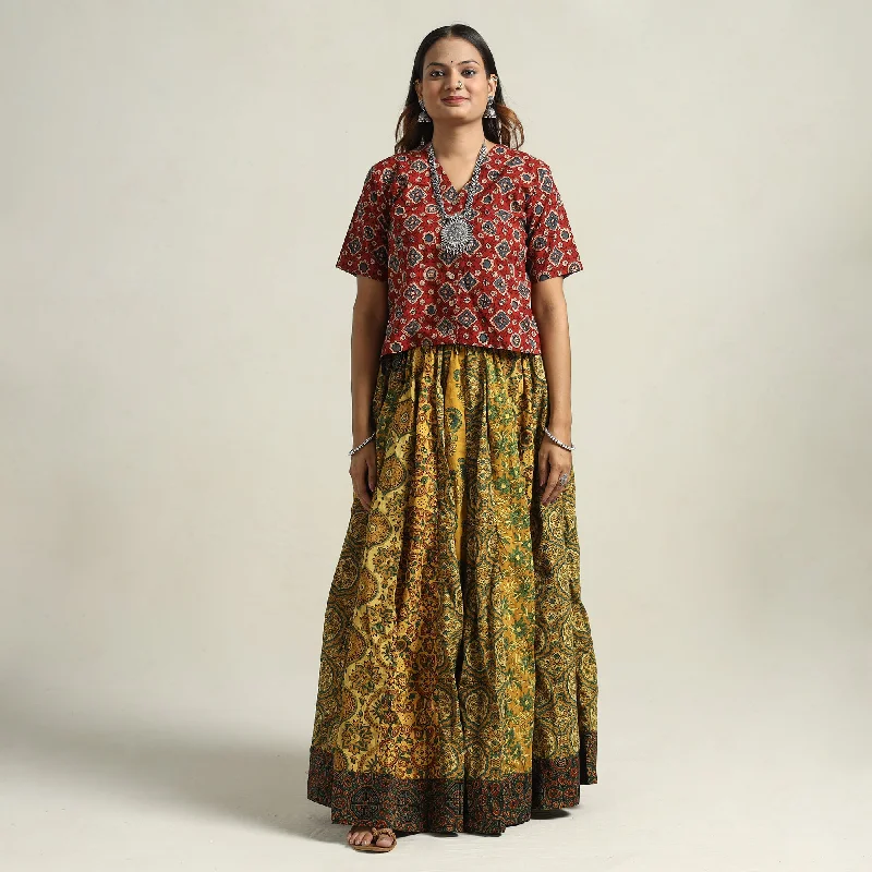 Trend Alert Yellow - Ajrakh Block Printed 24 Kali Patchwork Cotton Long Skirt 15