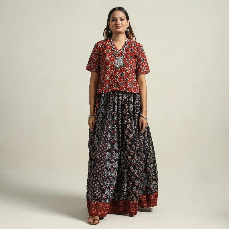 Chic Outfits Black - Ajrakh Block Printed 24 Kali Patchwork Cotton Long Skirt 16