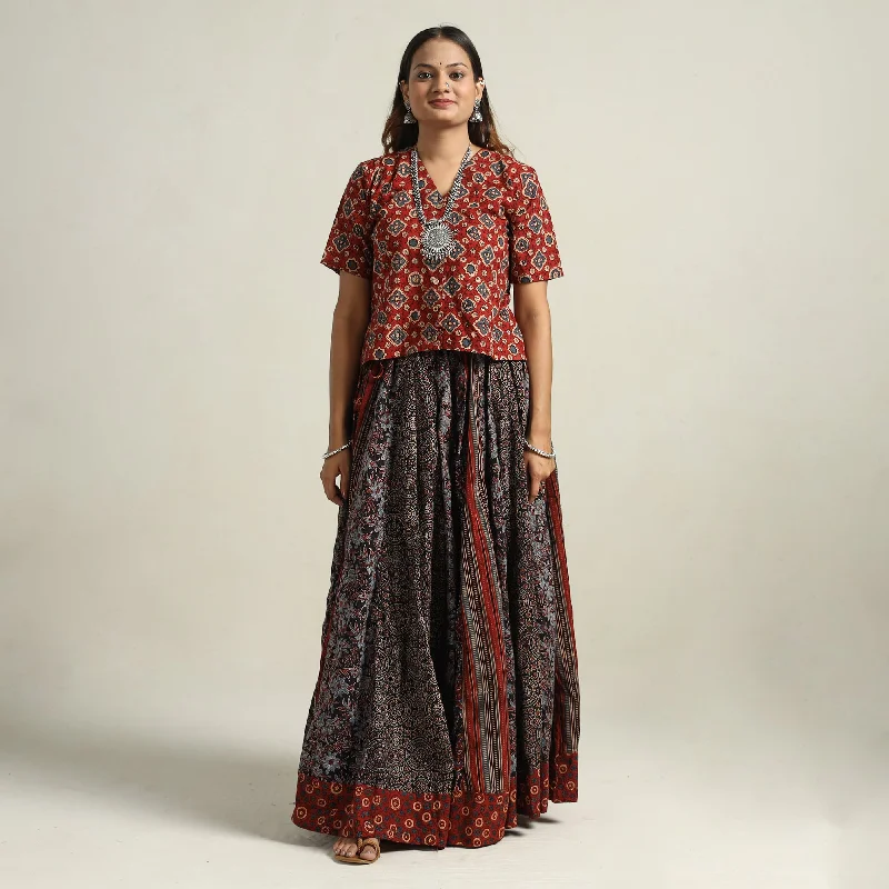 Boutique Styles Multicolor - Ajrakh Block Printed 24 Kali Patchwork Cotton Long Skirt 17