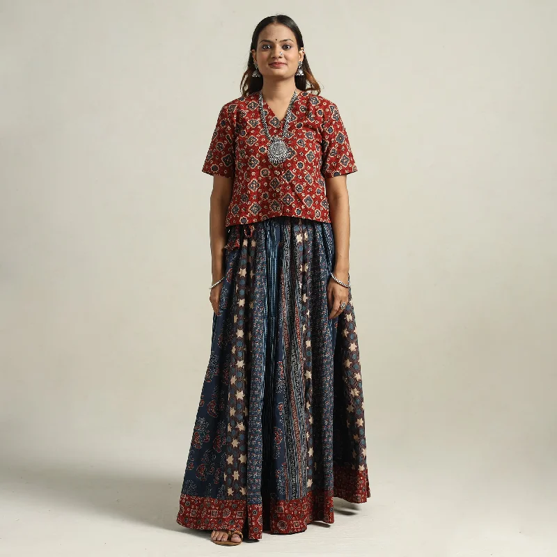 Evening Looks Blue - Ajrakh Block Printed 24 Kali Patchwork Cotton Long Skirt 19