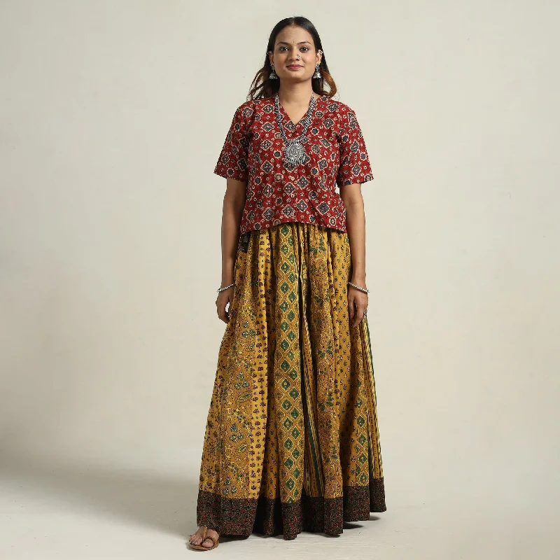 Day To Night Styles Yellow - Ajrakh Block Printed 24 Kali Patchwork Cotton Long Skirt 21