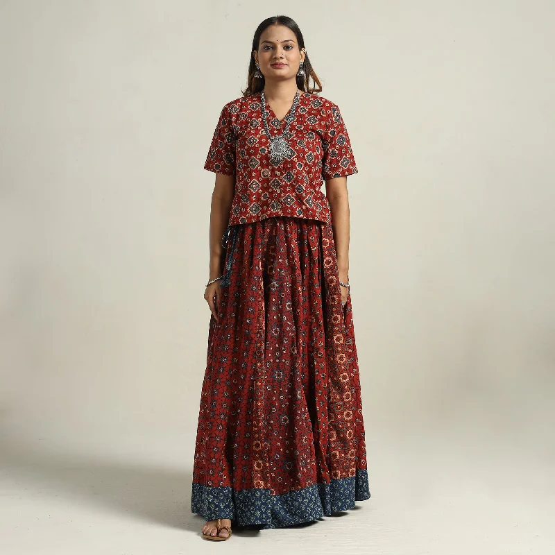 Women's Formal Clothes Red - Ajrakh Block Printed 24 Kali Patchwork Cotton Long Skirt 22