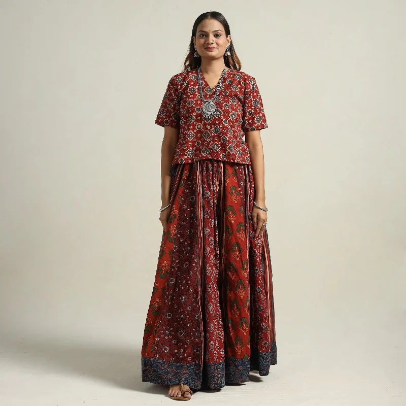 Chic Clothes For Women Red - Ajrakh Block Printed 24 Kali Patchwork Cotton Long Skirt 23