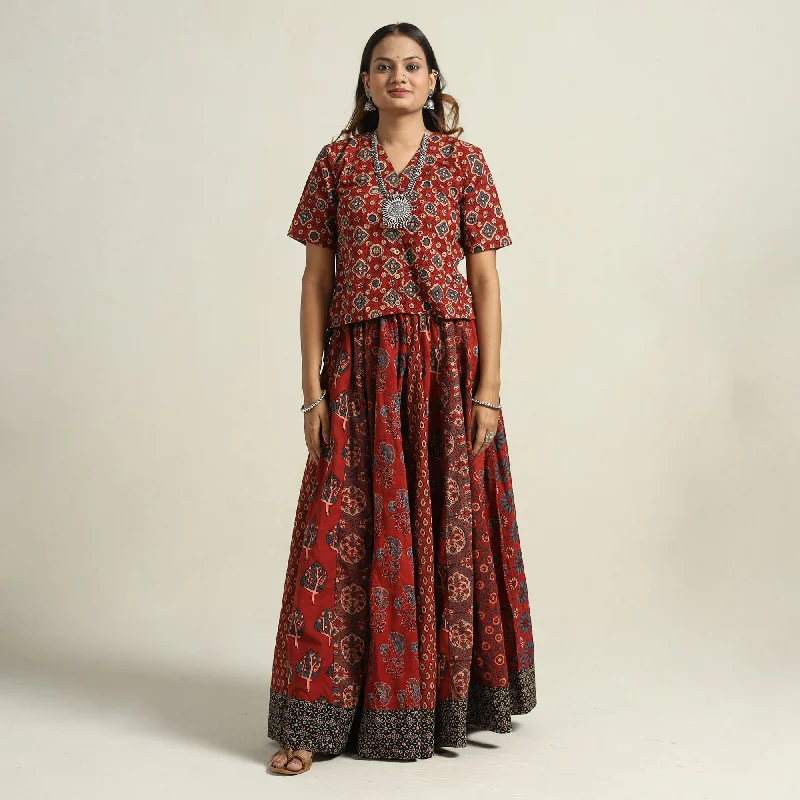 Fashionable Women's Casual Apparel Red - Ajrakh Block Printed 24 Kali Patchwork Cotton Long Skirt 25