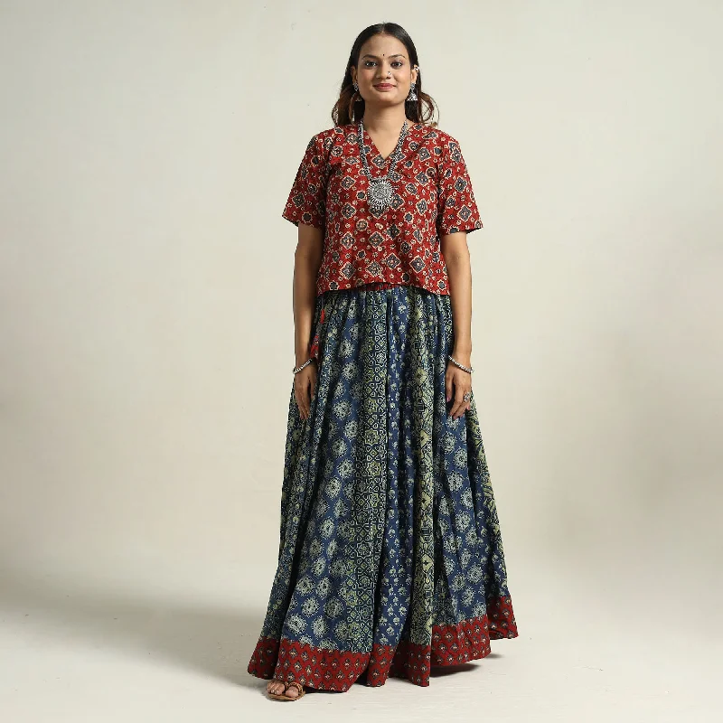 Vintage Fashion Blue - Ajrakh Block Printed 24 Kali Patchwork Cotton Long Skirt 03