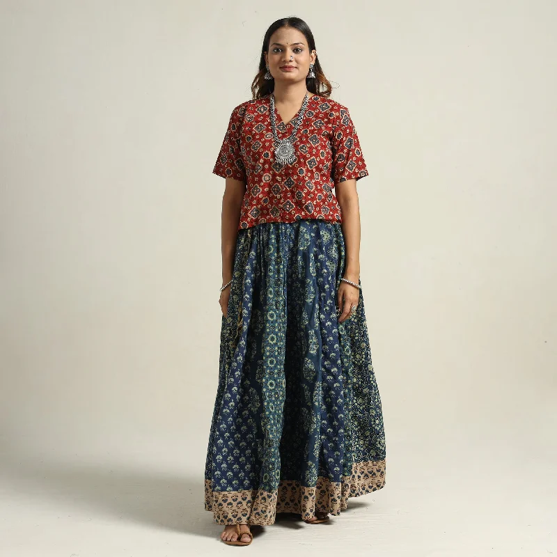 Classic Women's Apparel Blue - Ajrakh Block Printed 24 Kali Patchwork Cotton Long Skirt 31