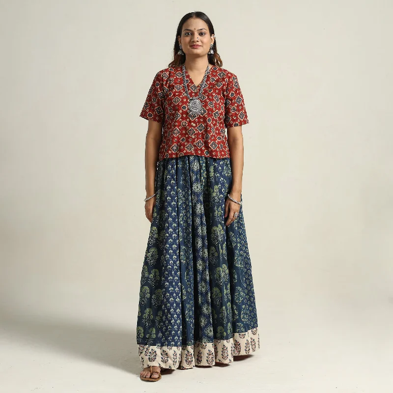 Women's Professional Apparel Blue - Ajrakh Block Printed 24 Kali Patchwork Cotton Long Skirt 32