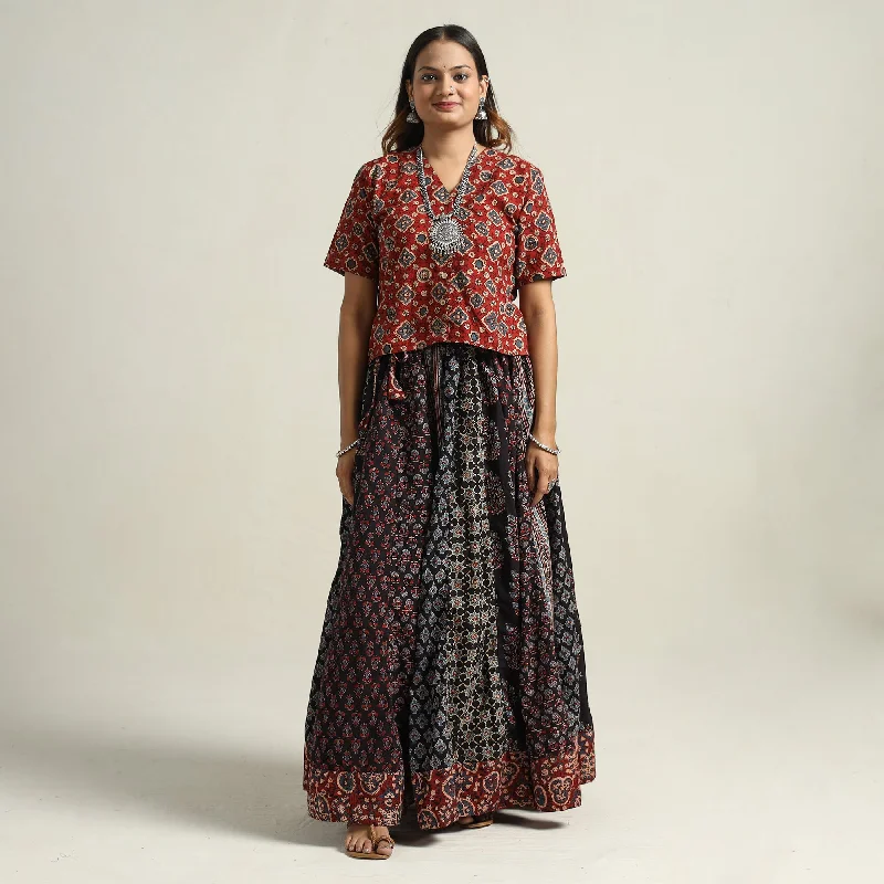 Vintage-Inspired Women's Apparel Multicolor - Ajrakh Block Printed 24 Kali Patchwork Cotton Long Skirt 34