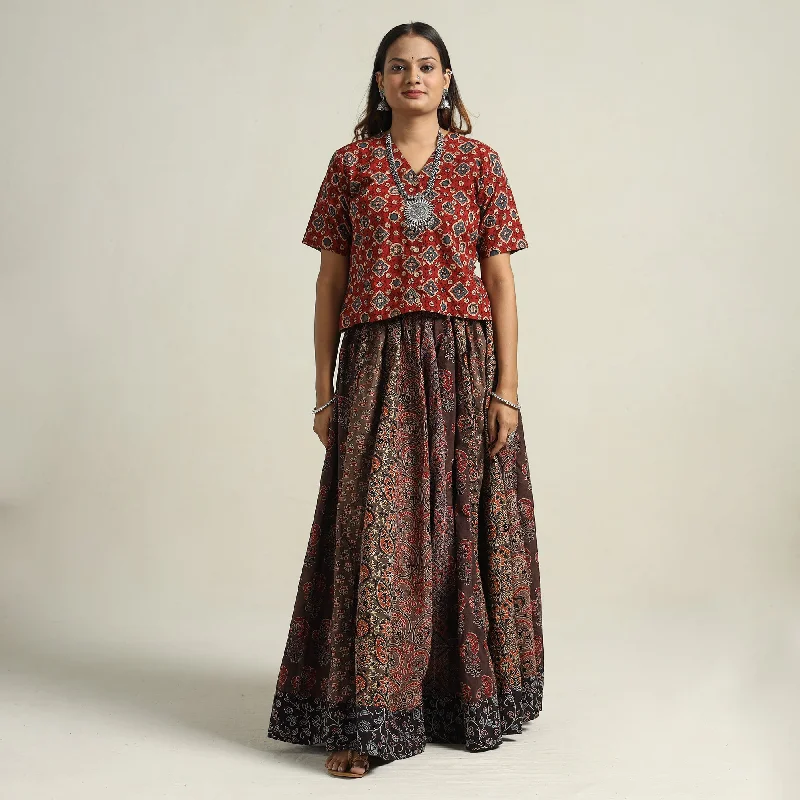 Women's Clothing Apparel Brown - Ajrakh Block Printed 24 Kali Patchwork Cotton Long Skirt 38