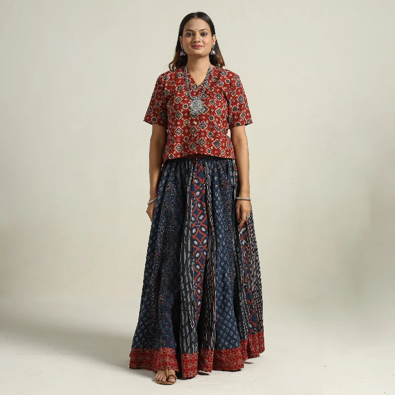 Women's Athletic Apparel Blue - Ajrakh Block Printed 24 Kali Patchwork Cotton Long Skirt 39