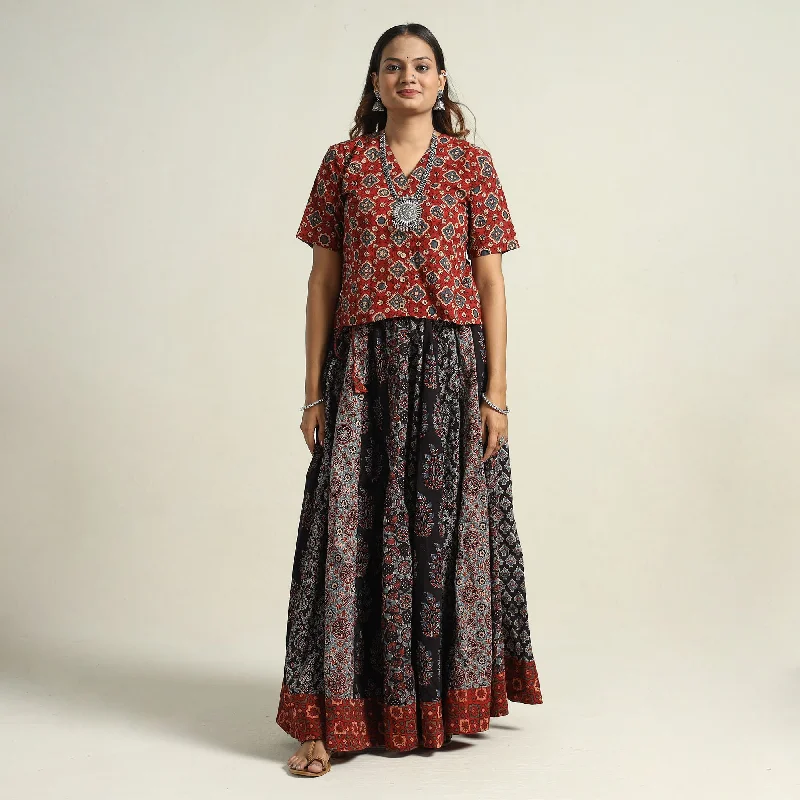 Trendy Street Style Clothing Black - Ajrakh Block Printed 24 Kali Patchwork Cotton Long Skirt 04