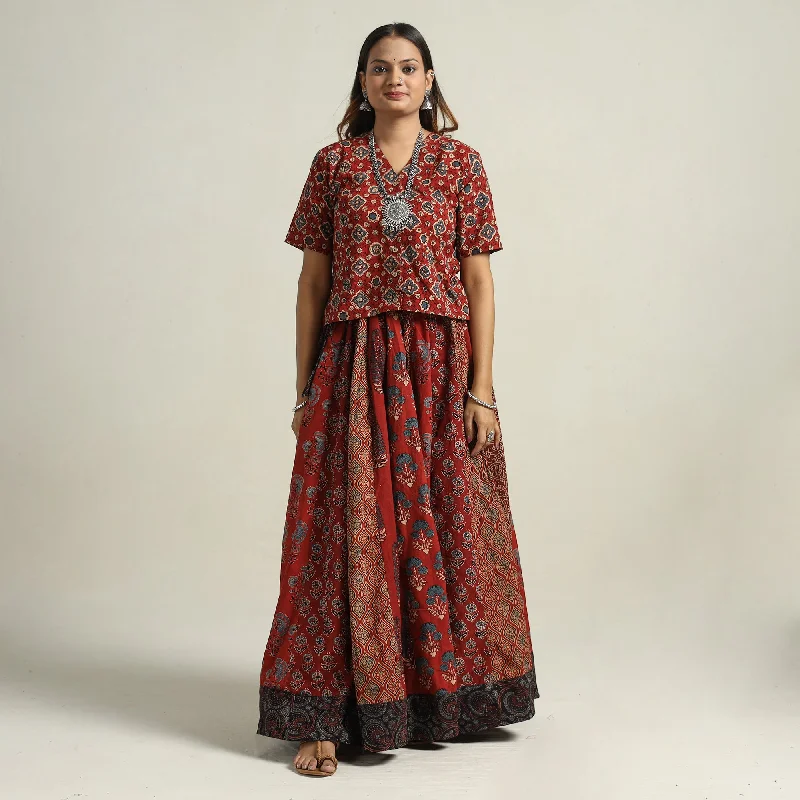 Women's Formal Apparel Multicolor - Ajrakh Block Printed 24 Kali Patchwork Cotton Long Skirt 41