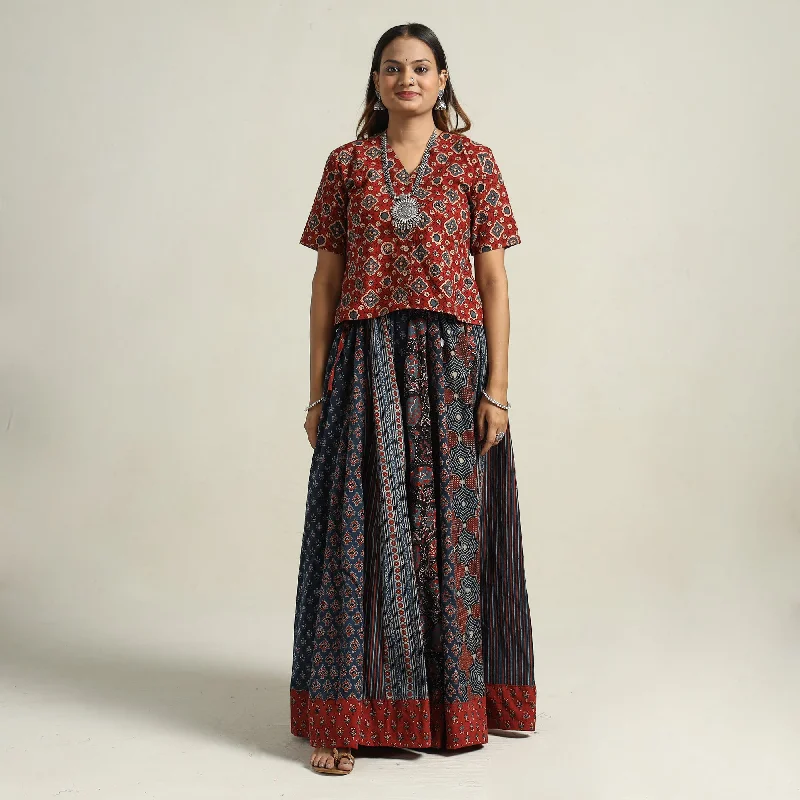 Women's Plus-Size Garments Blue - Ajrakh Block Printed 24 Kali Patchwork Cotton Long Skirt 45