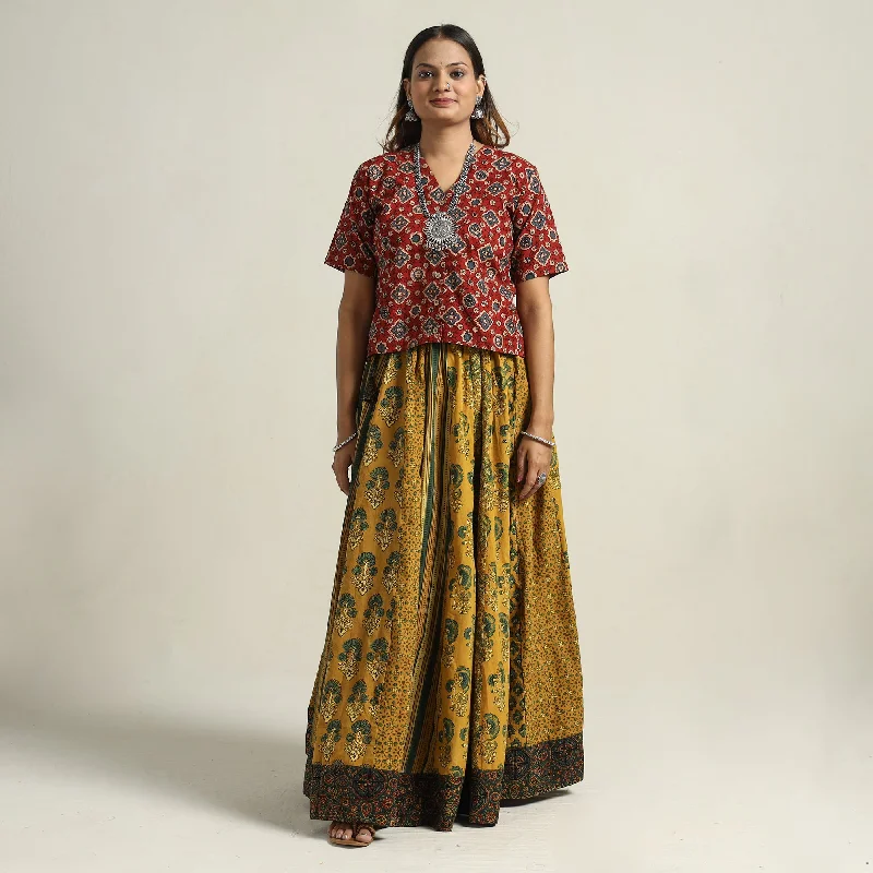 Women's Stylish Casual Garments Yellow - Ajrakh Block Printed 24 Kali Patchwork Cotton Long Skirt 46