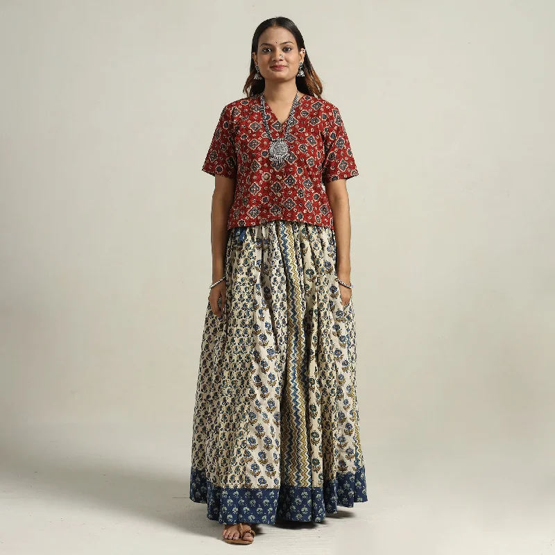 Women's Active Garments For Workouts Beige - Ajrakh Block Printed 24 Kali Patchwork Cotton Long Skirt 47