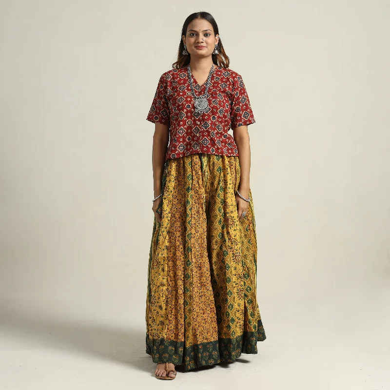 Women's High-Fashion Garments Yellow - Ajrakh Block Printed 24 Kali Patchwork Cotton Long Skirt 48