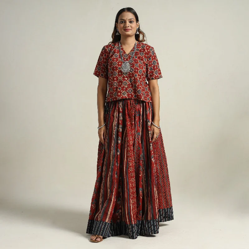 Laid-Back Elegance Red - Ajrakh Block Printed 24 Kali Patchwork Cotton Long Skirt 05