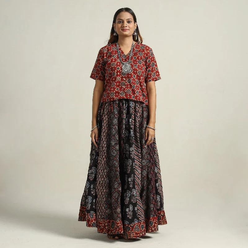 Women's Elegant Garments Multicolor - Ajrakh Block Printed 24 Kali Patchwork Cotton Long Skirt 51