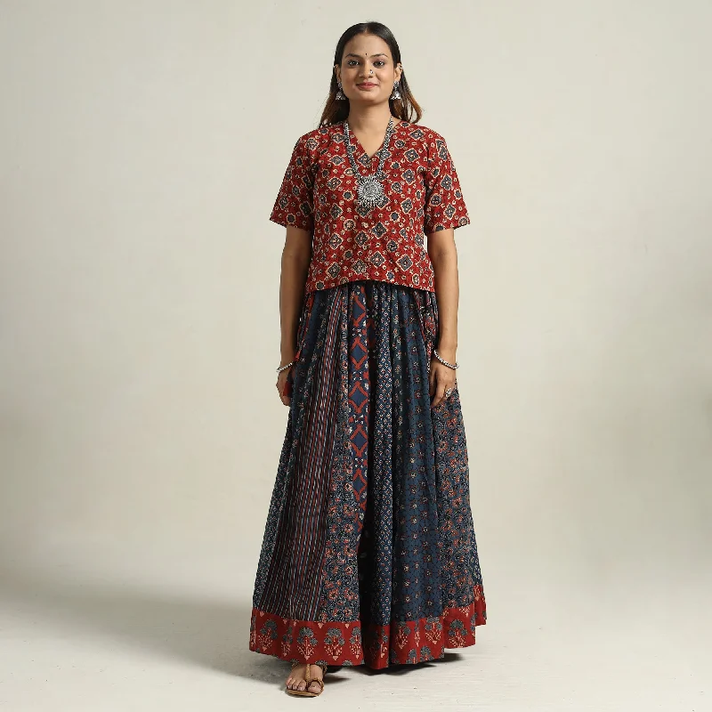 Plus-Size Women's Garments Multicolor - Ajrakh Block Printed 24 Kali Patchwork Cotton Long Skirt 53