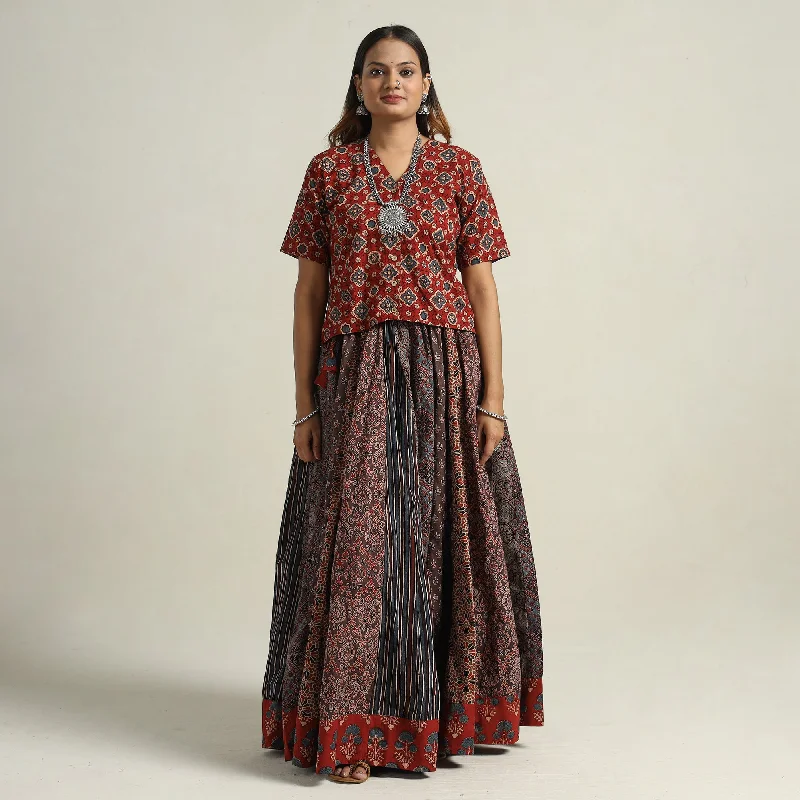 Women's Casual Garments Multicolor - Ajrakh Block Printed 24 Kali Patchwork Cotton Long Skirt 57