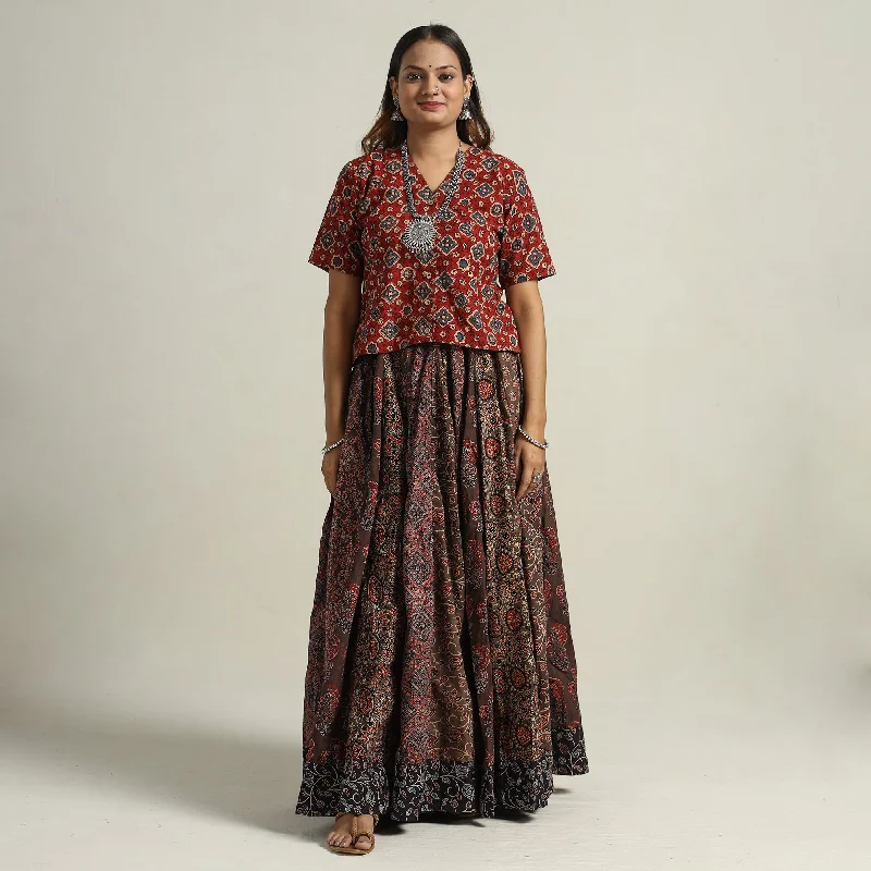 Affordable Women's Garments Brown - Ajrakh Block Printed 24 Kali Patchwork Cotton Long Skirt 59