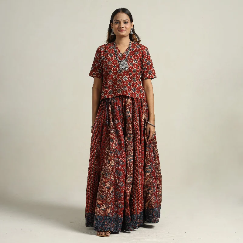 Stylish Women's Garments Red - Ajrakh Block Printed 24 Kali Patchwork Cotton Long Skirt 61