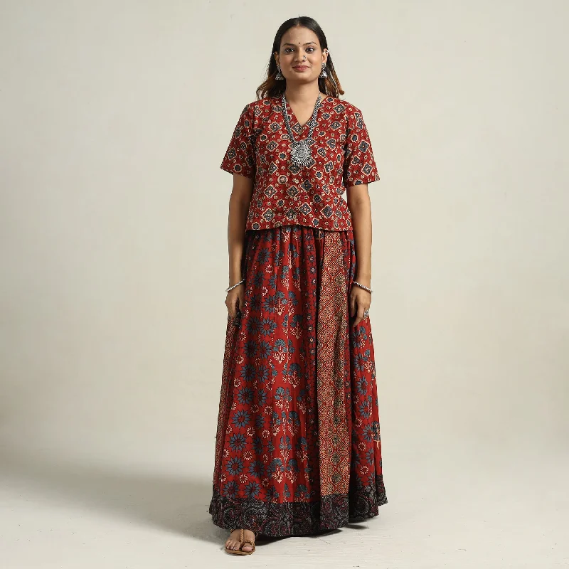 Women's Elegant Evening Attire Red - Ajrakh Block Printed 24 Kali Patchwork Cotton Long Skirt 66